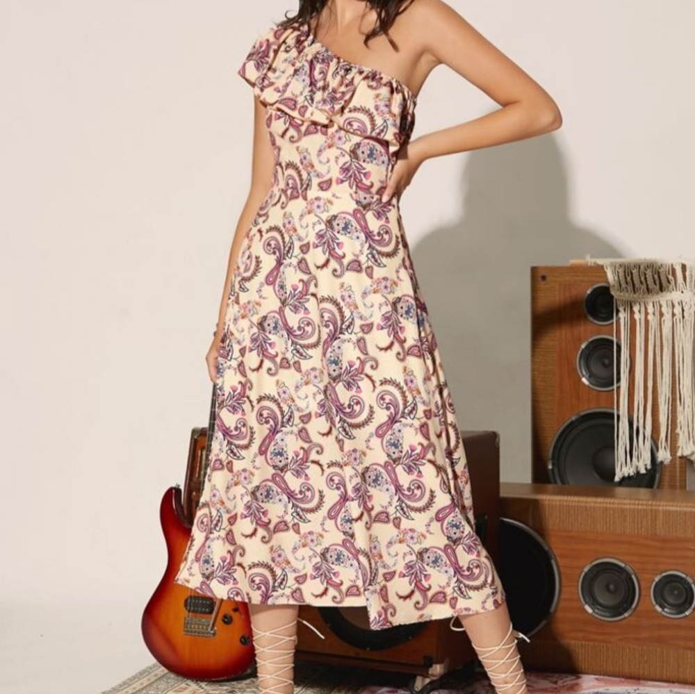 Floral Cream One-Shoulder Dress
